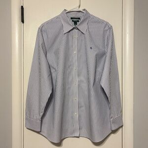 LRL Ralph Lauren Women's Plus Blue Stripe Non-Iron Button-Front Shirt Top 2X